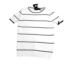 Halogen White Black‎ Stripe Knit Top Bow Back TShirt Short Sleeve Women's Medium